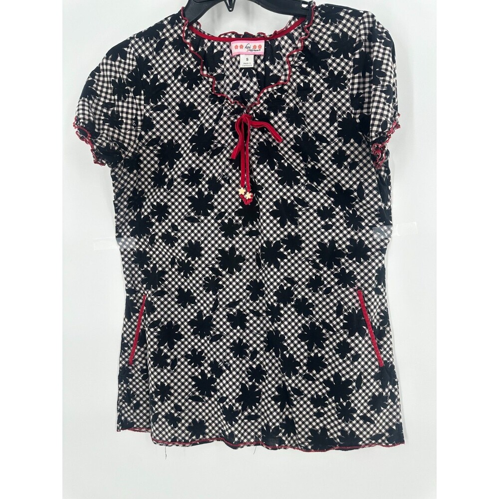 Koi Happiness Women's Scrub Top Black White Gingham Floral Ruffle Tie Neck Sz S